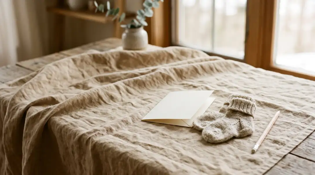 Eine gefaltete cremefarbene Karte auf hellem Leinen, daneben winzige gestrickte Babysöckchen und ein Stift