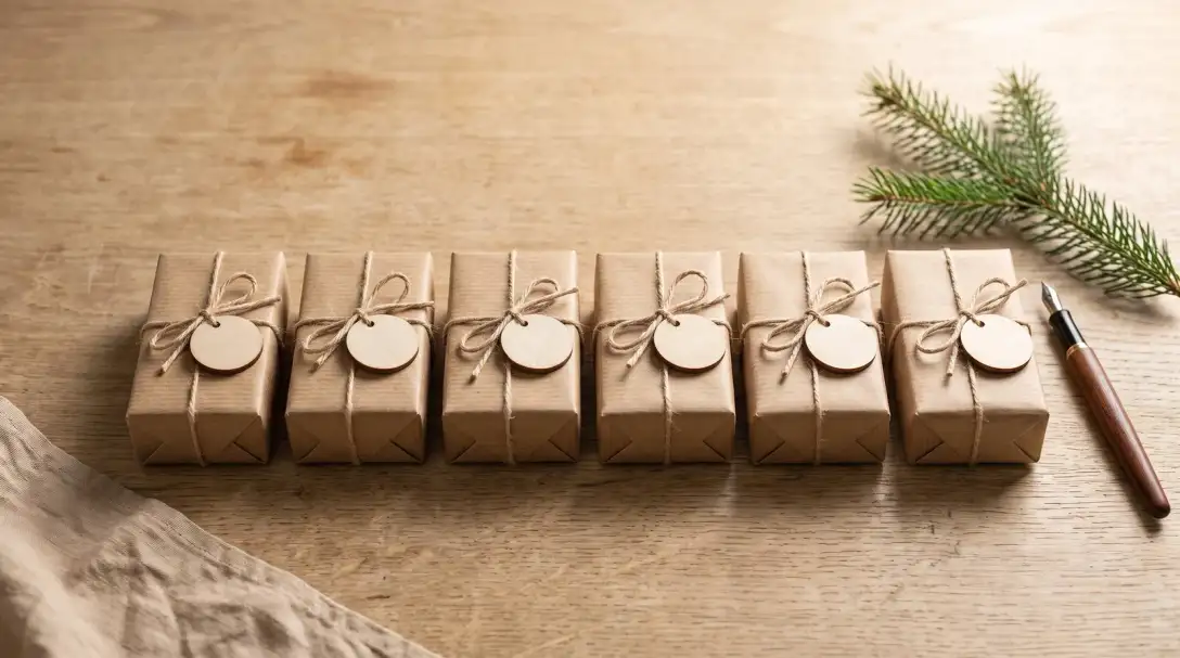 Mehrere gleich verpackte kleine Geschenke in Kraftpapier mit leeren Holzanhängern auf einem hellen Schreibtisch