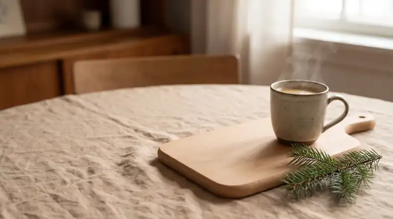 Ein winterlicher Frühstückstisch auf Leinen mit einer Tasse Kaffee, einem Tannenzweig und einem schlichten hellen Holzbrett