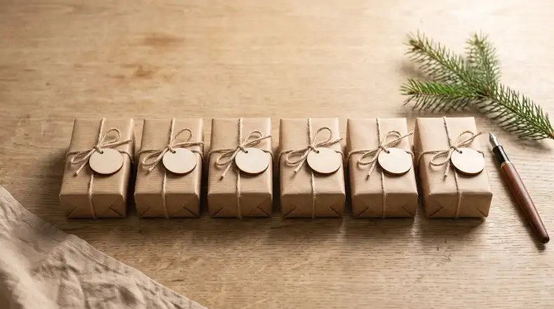 Mehrere gleich verpackte kleine Geschenke in Kraftpapier mit leeren Holzanhängern auf einem hellen Schreibtisch